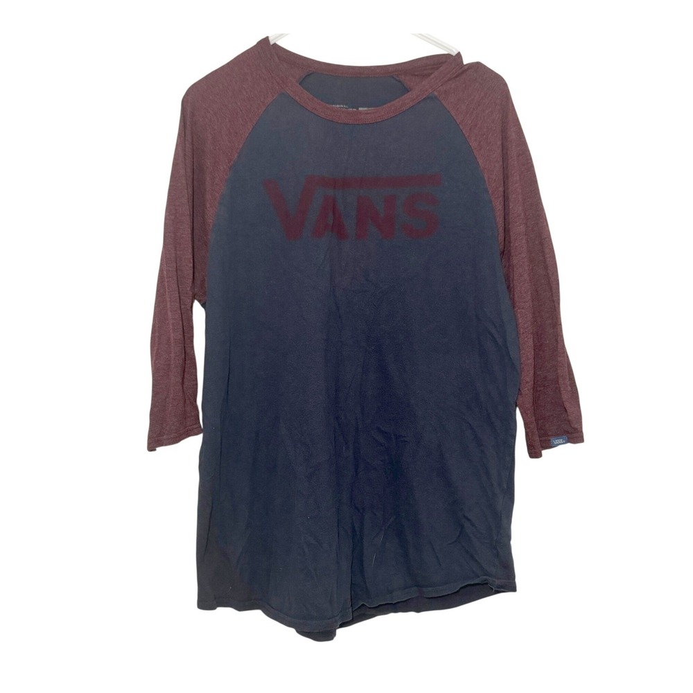 Vans Mens Raglan‎ Baseball T-Shirt Navy Burgundy 3/4 Sleeve Logo Graphic Medium